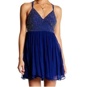 Free People womens blue sparkly beaded strappy back sleeveless fit flare dress